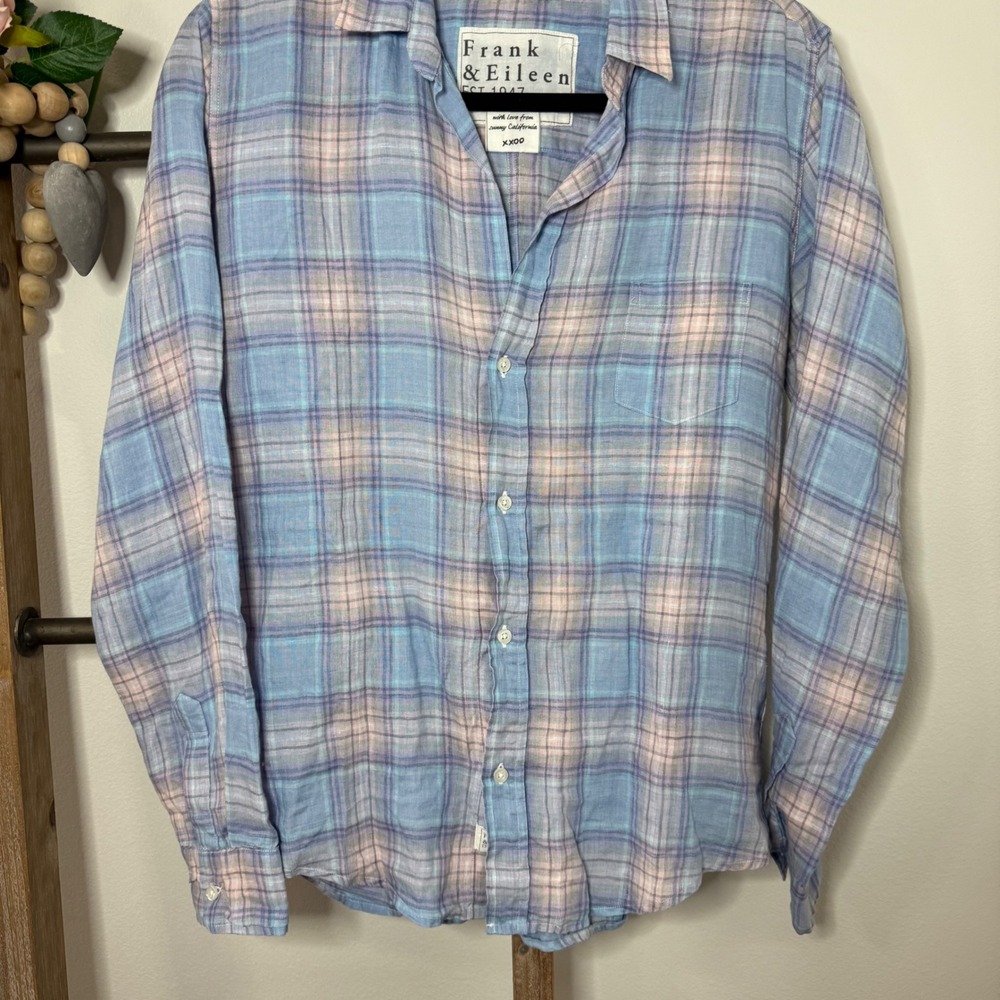 Frank and Eileen Plaid Linen Button Up Shirt Womens Size Large Blue Pink - Picture 4 of 11